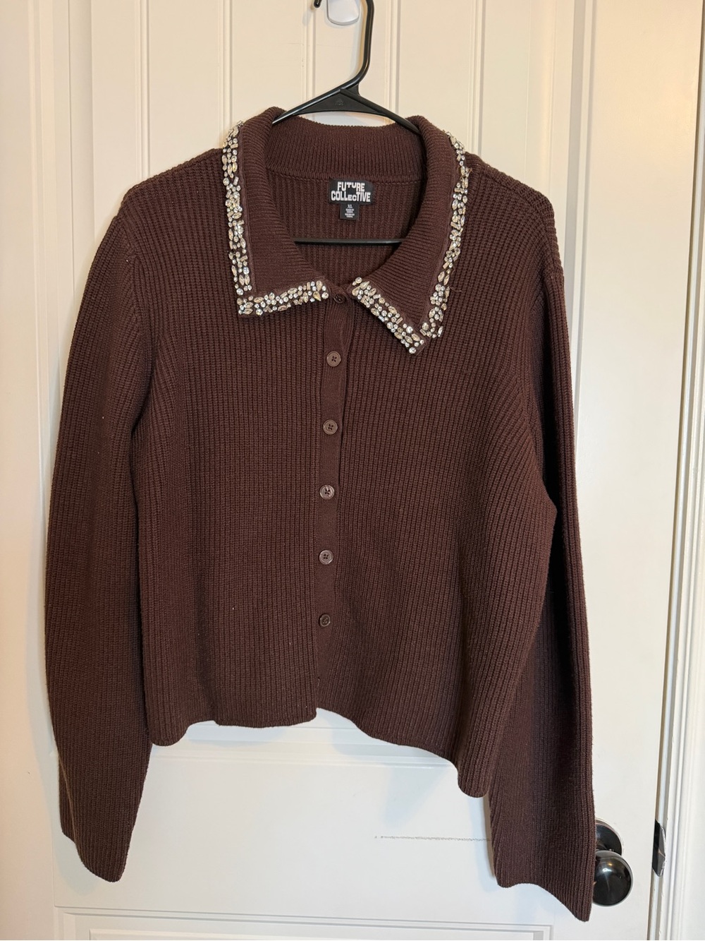 Future Collective Brown Beaded Collar Button-Up Sweater